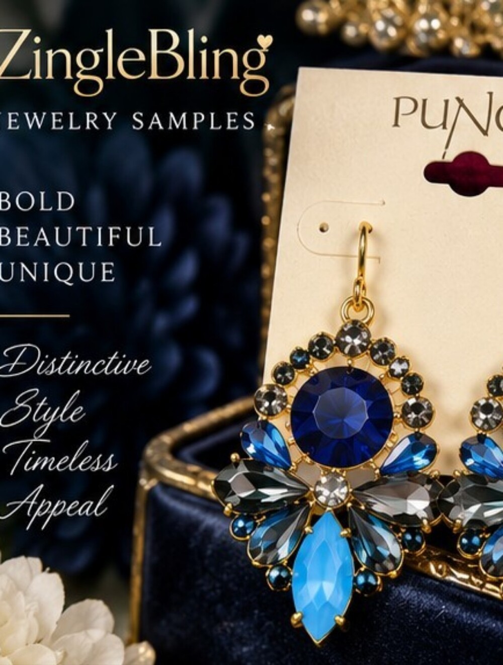 PUNCH Jewelry Sample Blue Glass Crystal Statement Drop Earrings Gold Tone